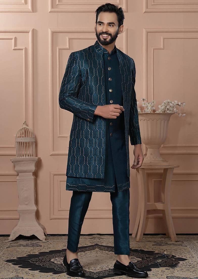 Blue silk embroidered premium designer indo western for men's