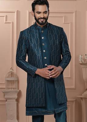 Blue silk embroidered premium designer indo western for men's 2