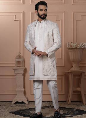 Beige silk embroidered premium designer indo western for men's 1