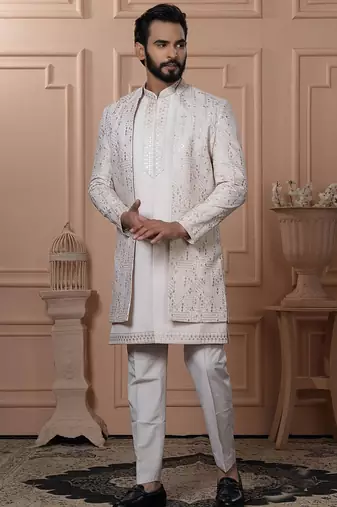 Beige silk embroidered premium designer indo western for men's
