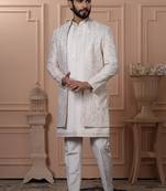 Beige silk embroidered premium designer indo western for men's