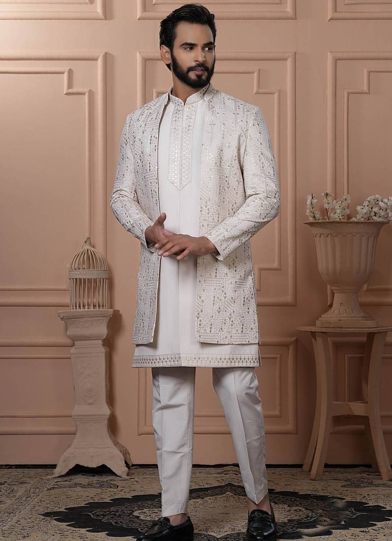 Beige silk embroidered premium designer indo western for men's