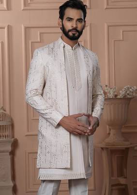 Beige silk embroidered premium designer indo western for men's 2