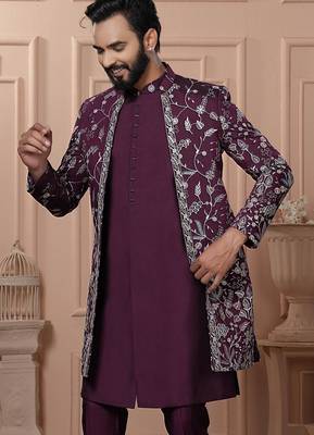 Red silk embroidered premium designer indo western for men's 2