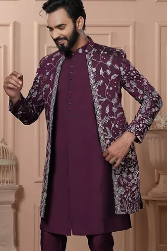 Red silk embroidered premium designer indo western for men's
