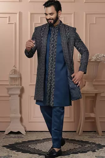 Blue velvet embroidered premium designer indo western for men's