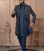 Blue velvet embroidered premium designer indo western for men's