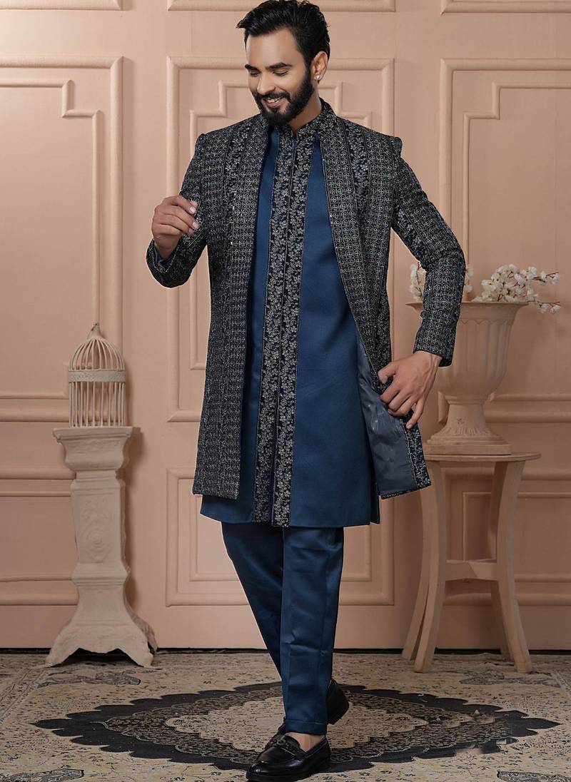 Blue velvet embroidered premium designer indo western for men's