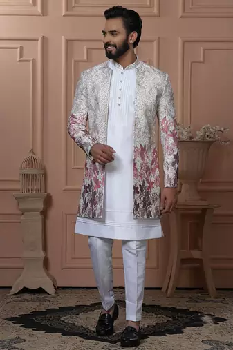 Multicolor silk embroidered premium designer indo western for men's