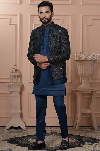 Blue velvet embroidered premium designer indo western for men's