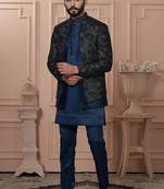 Blue velvet embroidered premium designer indo western for men's