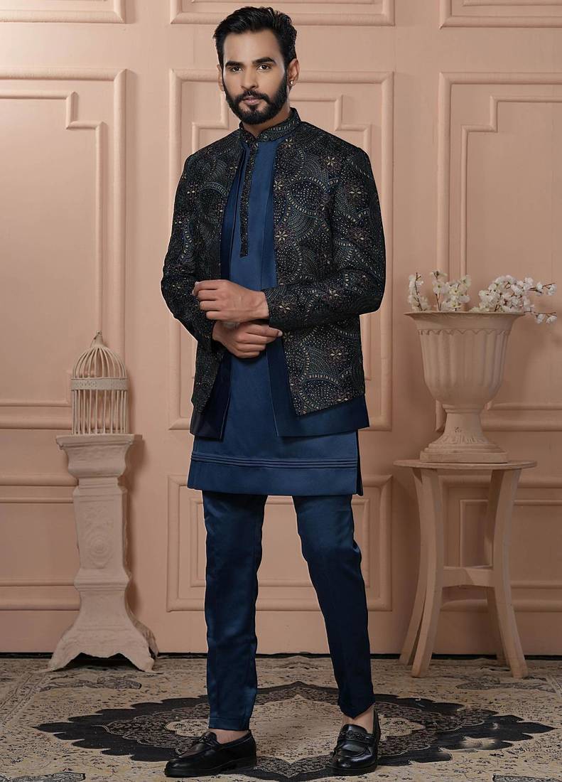 Blue velvet embroidered premium designer indo western for men's