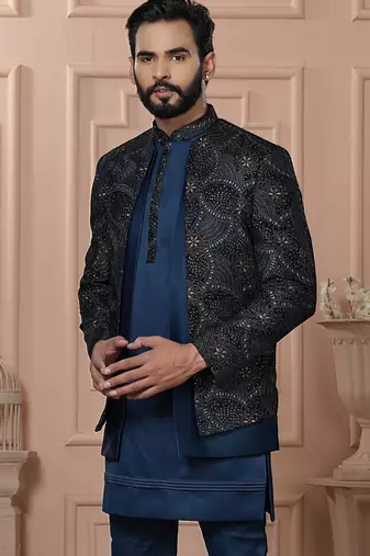 Blue velvet embroidered premium designer indo western for men's