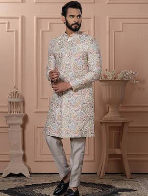 White silk embroidered premium designer indo western for men's 1