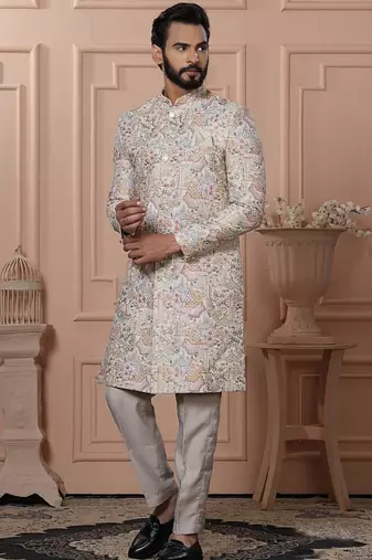 White silk embroidered premium designer indo western for men's