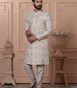 White silk embroidered premium designer indo western for men's
