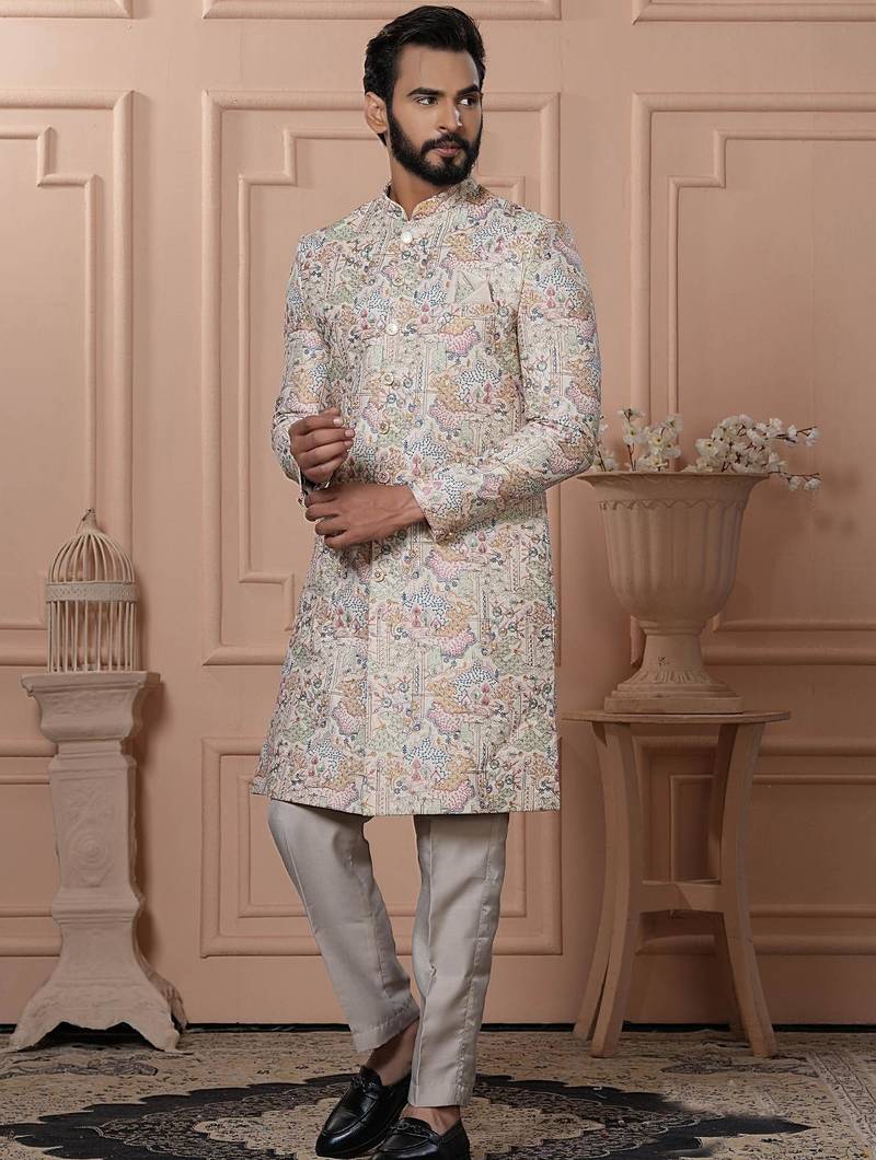 White silk embroidered premium designer indo western for men's