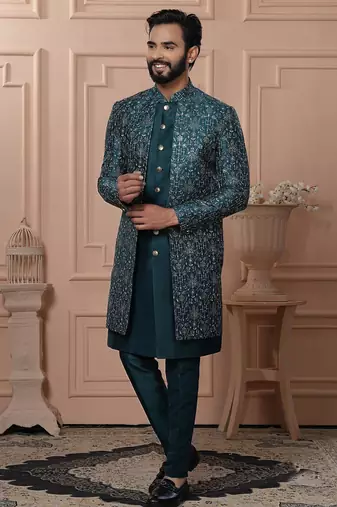 Green silk embroidered premium designer indo western for men's