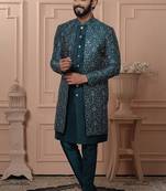 Green silk embroidered premium designer indo western for men's