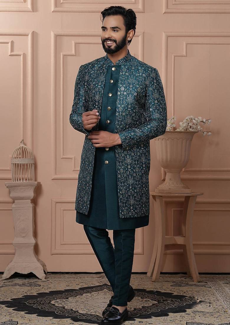 Green silk embroidered premium designer indo western for men's