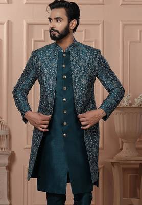 Green silk embroidered premium designer indo western for men's 2