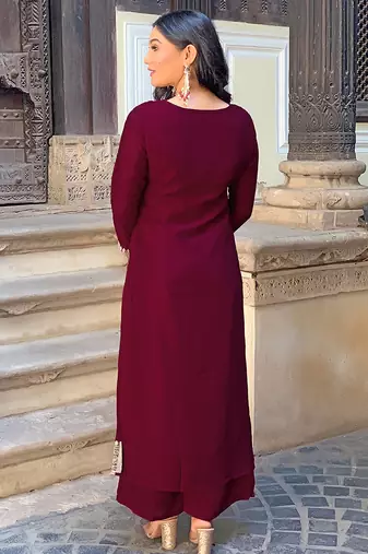 wine vichitra silk blend embroidered kurta set with pant & chinon laced dupatta