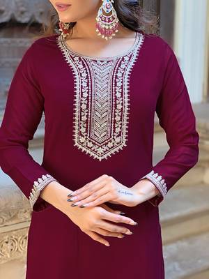 wine vichitra silk blend embroidered kurta set with pant & chinon laced dupatta 3