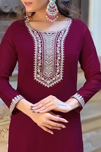 wine vichitra silk blend embroidered kurta set with pant & chinon laced dupatta