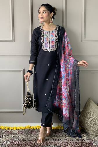 Women’s wine vichitra silk embroidered kurta set with pant & chinon laced dupatta