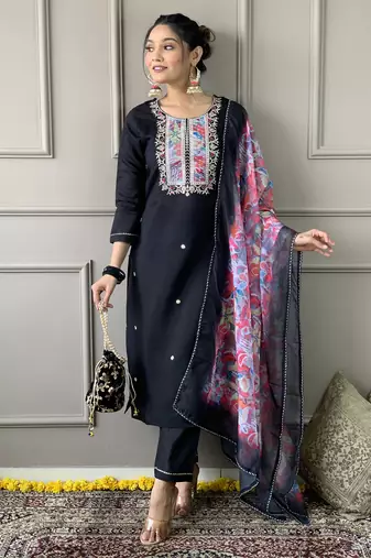 Women’s wine vichitra silk embroidered kurta set with pant & chinon laced dupatta