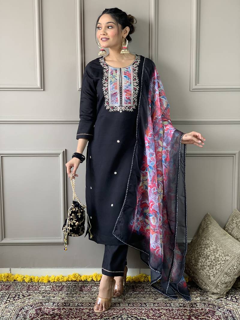 Women’s wine vichitra silk embroidered kurta set with pant & chinon laced dupatta