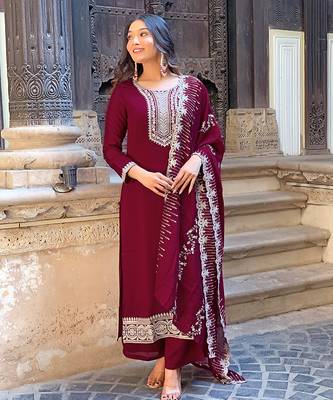 wine vichitra silk blend embroidered kurta set with pant & chinon laced dupatta 4