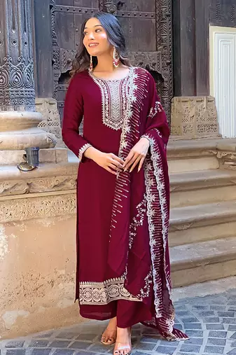wine vichitra silk blend embroidered kurta set with pant & chinon laced dupatta