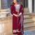 Women’s wine vichitra silk embroidered kurta set with pant & chinon laced dupatta