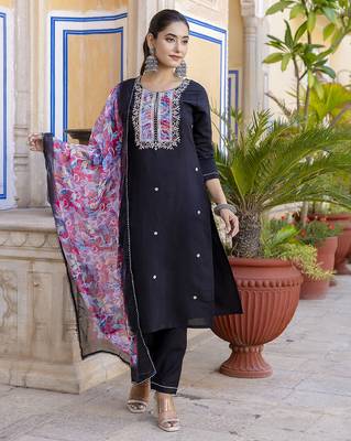 wine vichitra silk embroidered kurta set with pant & chinon laced dupatta 2