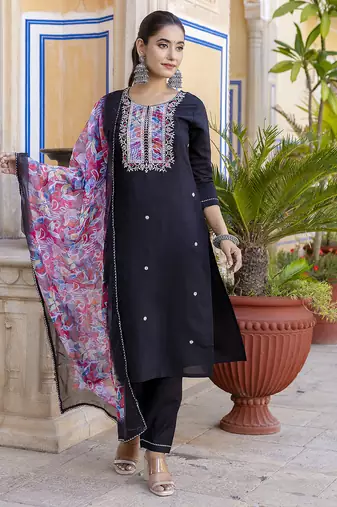 wine vichitra silk blend embroidered kurta set with pant & chinon laced dupatta