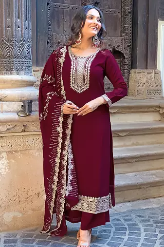 wine vichitra silk blend embroidered kurta set with pant & chinon laced dupatta