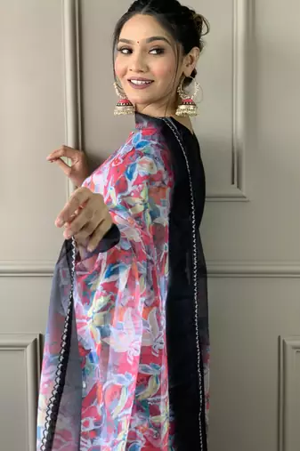 wine vichitra silk blend embroidered kurta set with pant & chinon laced dupatta
