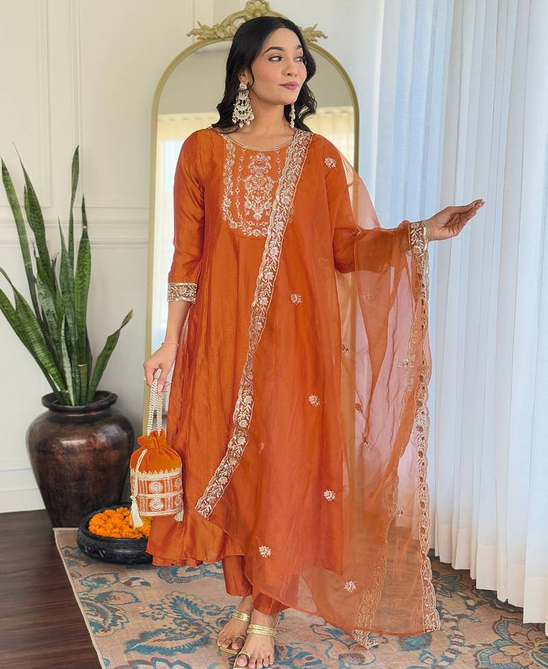Women’s vichitra silk embroidered straight kurta set with pant & organza embroidered dupatta