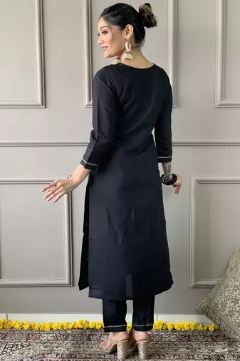 wine vichitra silk blend embroidered kurta set with pant & chinon laced dupatta