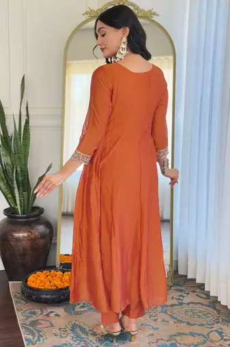 vichitra silk blend embroidered straight kurta set with pant & organza embroidered dupatta