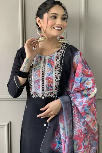 wine vichitra silk blend embroidered kurta set with pant & chinon laced dupatta