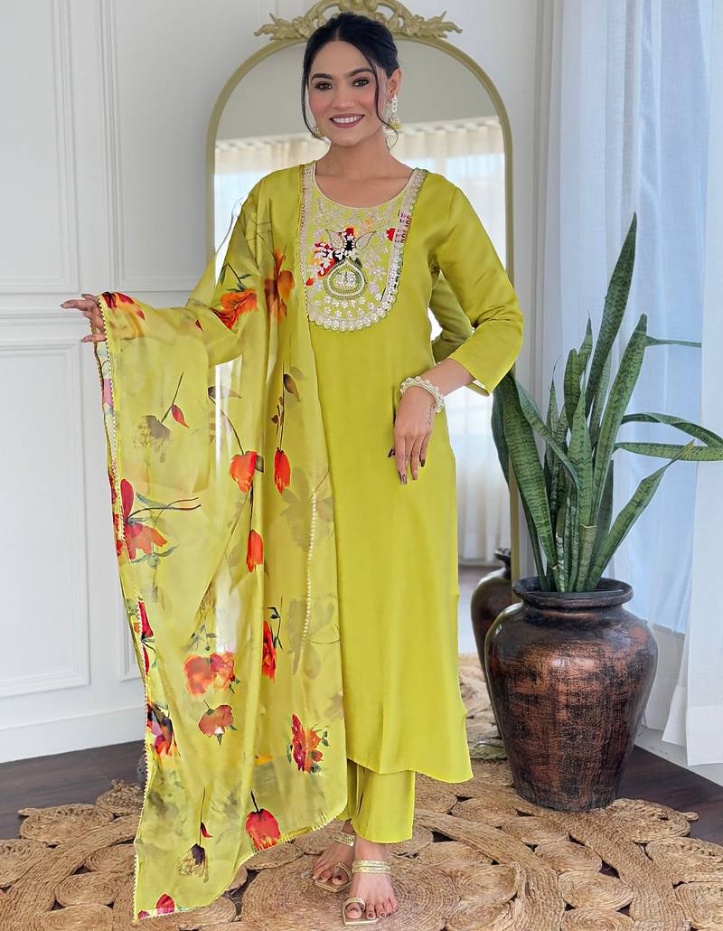 Women’s rayon embroidered straight kurta set with pant & taby printed dupatta