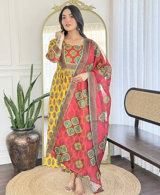 rayon printed flared kurta set with pant & linen printed dupatta 1