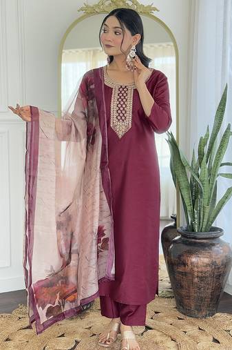 Women’s rayon embroidered straight kurta set with pant & taby printed dupatta