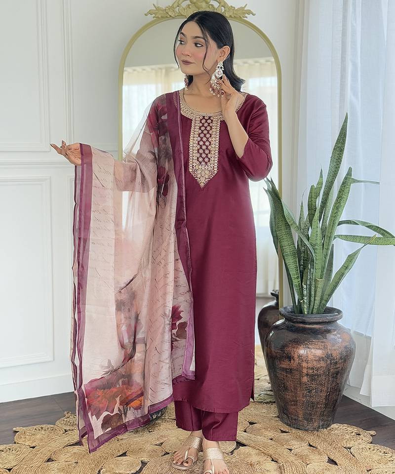 Women’s rayon embroidered straight kurta set with pant & taby printed dupatta