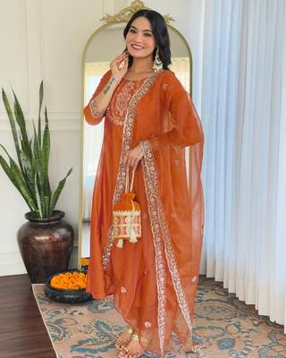 vichitra silk blend embroidered straight kurta set with pant & organza embroidered dupatta 5
