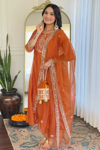 vichitra silk blend embroidered straight kurta set with pant & organza embroidered dupatta