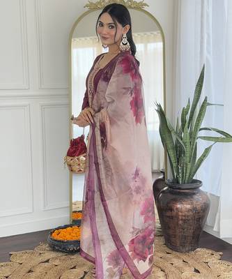 rayon embroidered straight kurta set with pant & taby printed dupatta 2