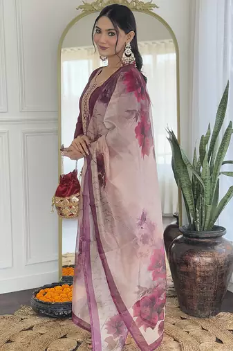 rayon embroidered straight kurta set with pant & taby printed dupatta